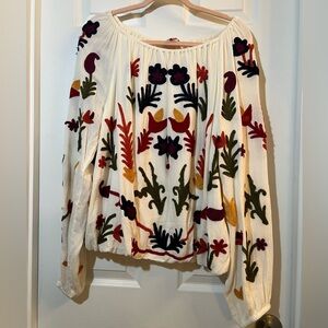 🦋 Laurie Felt Cream lined gauze Blouse with Multicolor Floral Embroidery size lg